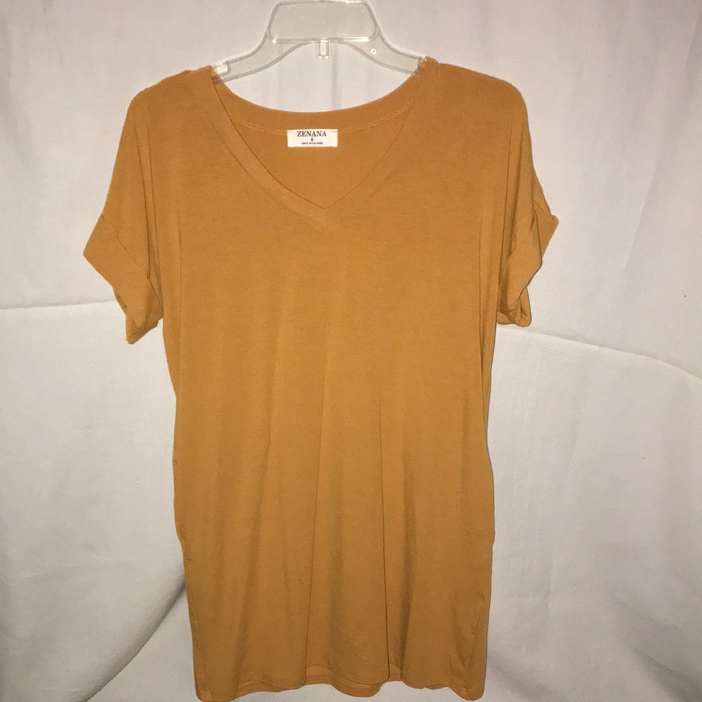 Zenana V-Neck Rolled Sleeve Tunic Shirt Dress with Pockets - Size S - Orange